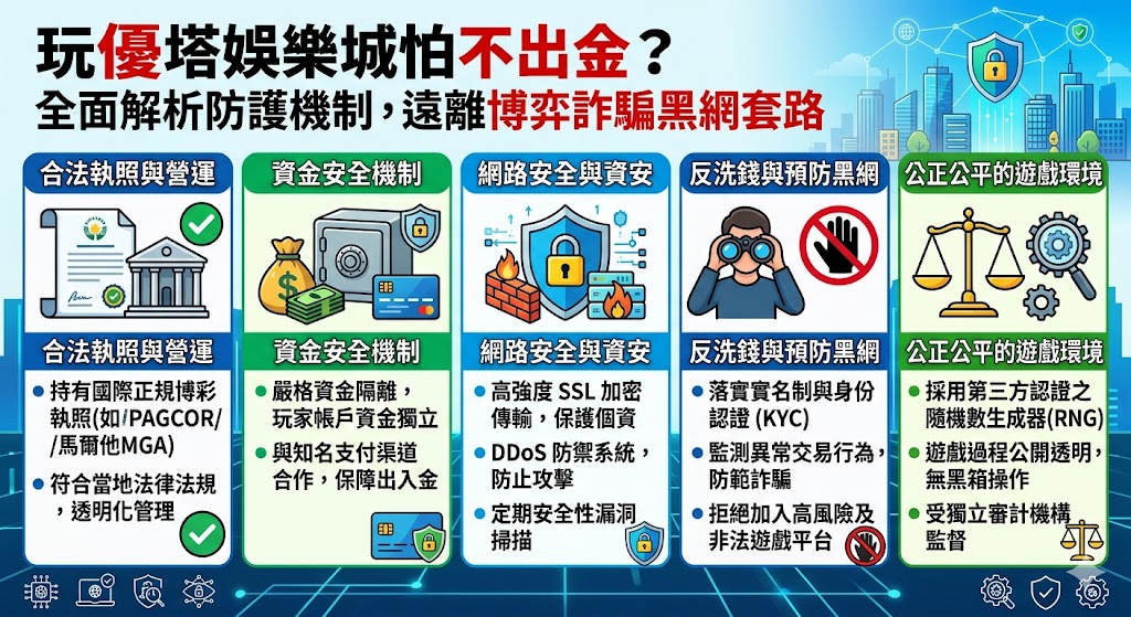 許多玩家在加入優塔娛樂城前,最擔心的莫過於遇到博弈詐騙或不出金的黑網陷阱。事實上,判斷平台安全性的關鍵在於其背後的防護機制與經營執照。優塔娛樂城採用了國際標準的 SSL 加密技術,確保玩家個人資訊與金流往來不被第三方竊取。面對市面上層出不窮的黑網套路,該平台強調透過多層次的人工與系統審核,保障出金流程的透明化與穩定性,防止玩家陷入儲值容易提領難的困境。分析其營運模式,優塔不僅在伺服器防禦上投入大量資源防止駭客攻擊,更建立了一套完善的風險管理系統來過濾異常帳號,從源頭杜絕詐騙行為。了解這些安全防護細節,玩家能更清晰地分辨合法經營與非法黑網的差異,在享受遊戲快感的同時,也能確保每一分血汗錢都能獲得最實質的安全保障,真正實現安心投注、順利提款。 許多玩家在加入優塔娛樂城前,最擔心的莫過於遇到博弈詐騙或不出金的黑網陷阱。事實上,判斷平台安全性的關鍵在於其背後的防護機制與經營執照。優塔娛樂城採用了國際標準的 SSL 加密技術,確保玩家個人資訊與金流往來不被第三方竊取。面對市面上層出不窮的黑網套路,該平台強調透過多層次的人工與系統審核,保障出金流程的透明化與穩定性,防止玩家陷入儲值容易提領難的困境。分析其營運模式,優塔不僅在伺服器防禦上投入大量資源防止駭客攻擊,更建立了一套完善的風險管理系統來過濾異常帳號,從源頭杜絕詐騙行為。了解這些安全防護細節,玩家能更清晰地分辨合法經營與非法黑網的差異,在享受遊戲快感的同時,也能確保每一分血汗錢都能獲得最實質的安全保障,真正實現安心投注、順利提款。